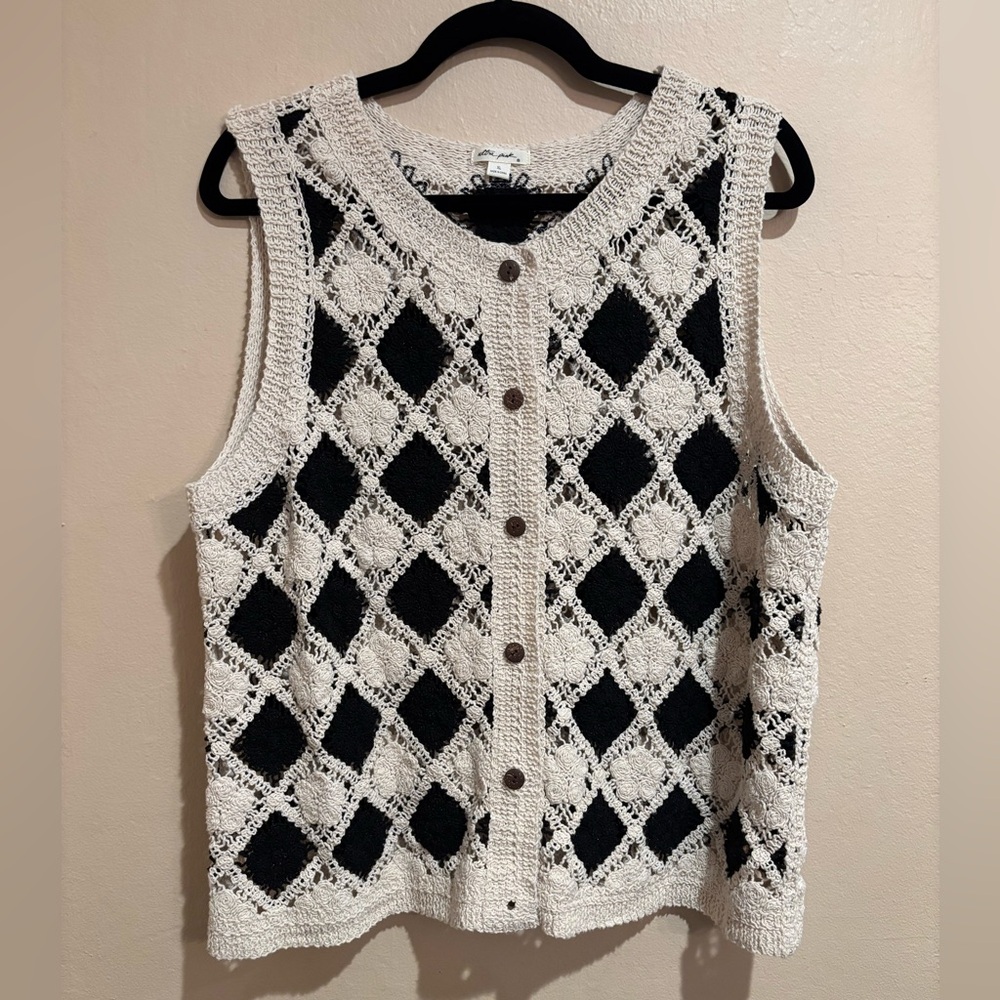 Ultra Pink Crochet Black and Cream Floral Vest, with Button Up Front, 60s 70s